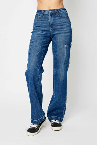 BT-T {Judy Blue Cargo} Dk Blue Wide Leg Cargo Jeans