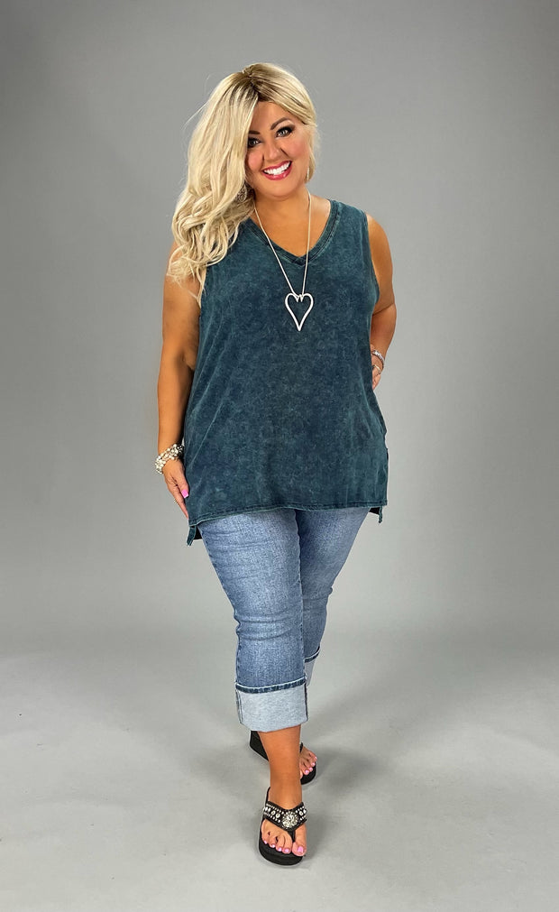 SALE!! 44  SV-F {Ease Along} Deep  Aqua Mineral Wash Sleeveless Top PLUS SIZE 1X 2X 3X