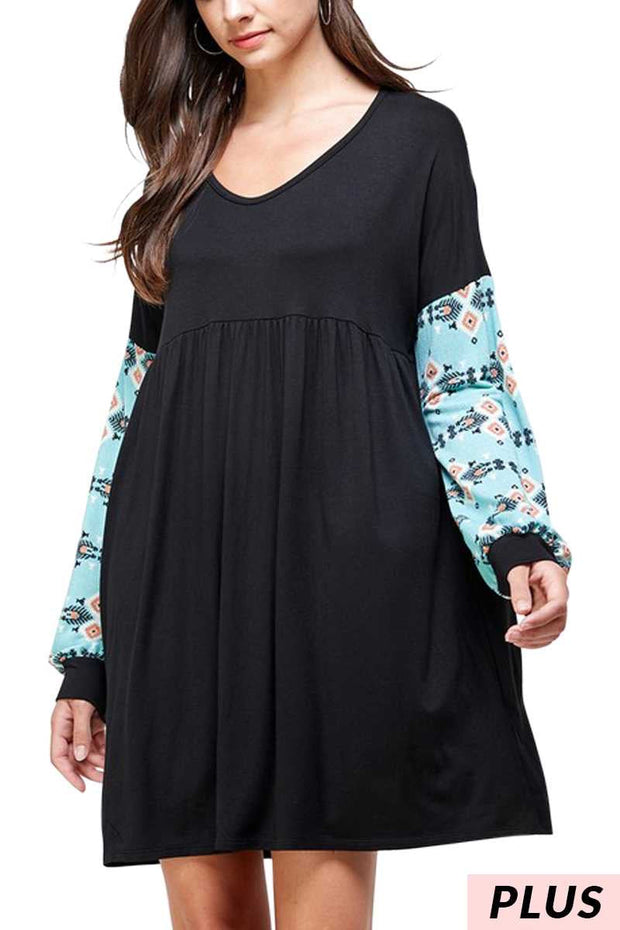 SALE!! 12 CP-C {Just Admit It} Black With Blue Tribal Printed Sleeve Tunic  PLUS SIZE XL 2X 3X