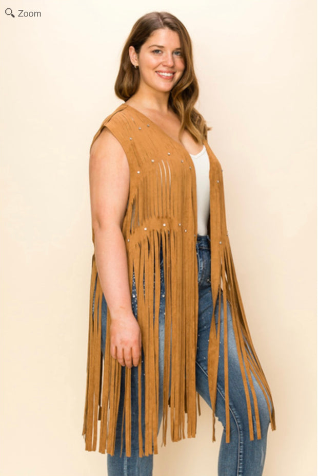 46 OT {The One I Want} VOCAL Camel Fringe Laser Cut Vest PLUS SIZE XL 2X 3X