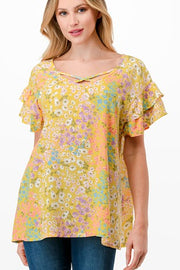 52 PSS {Petal Confetti} Yellow Floral Criss-Cross Top PLUS SIZE 1X 2X 3X