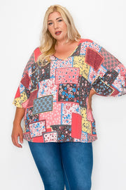 19 PLS {Longing For Home} Red Mixed Print Patchwork Top  CURVY BRAND!!!  EXTENDED PLUS SIZE 4X 5X 6X