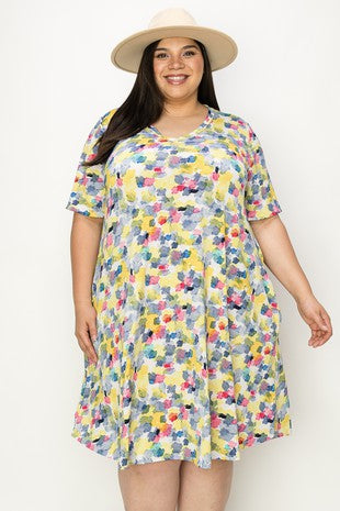 SALE!! 14 PSS {Paint Party} Blue/Yellow Print V-Neck Dress EXTENDED PLUS SIZE 3X 4X 5X