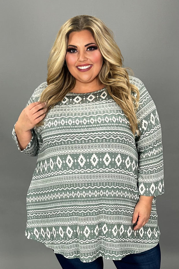 SALE!! 19 PQ {No Nonsense} Dusty Olive Mixed Print 3/4 Sleeve Top EXTENDED PLUS SIZE 3X 4X 5X