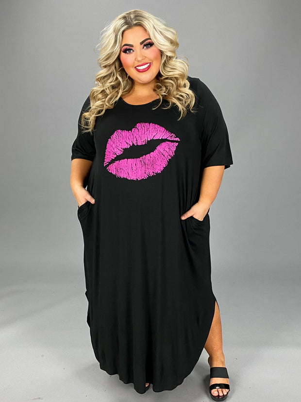 LD-L {Make People Notice} Black/Fuchsia Lips Maxi Dress CURVY BRAND!!!  PLUS SIZE XL 2X 3X 4X 5X 6X