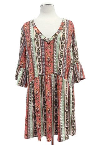 34 PQ [Pumpkin Fair} Orange Green Paisley Babydoll Tunic PLUS SIZE 1X  2X 3X