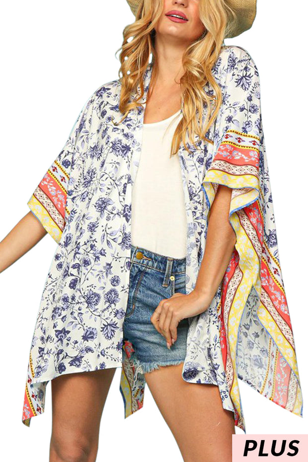 SALE!! 33 OT-A {Still Holds True} Ivory/Blue Floral Kimono PLUS SIZE XL 2X 3X