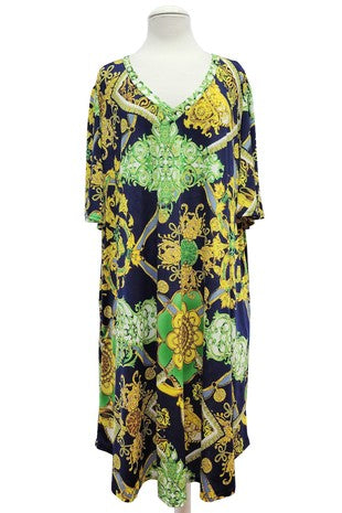 SALE!! 62 PSS {Keep Hope Alive} Navy/Green/Gold Print V-Neck Dress EXTENDED PLUS SIZE 3X 4X 5X