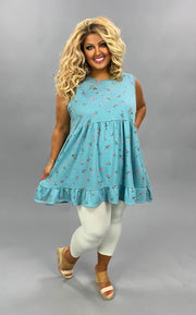 SALE!! SV-M {Little Details} Blue Sleeveless Tunic Floral & Dot Details PLUS SIZE 1X 2X 3X