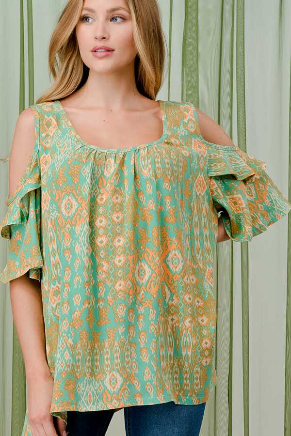 31 OS {So Charming} Mint/Orange Print Open Shoulder Top PLUS SIZE 1X 2X 3X