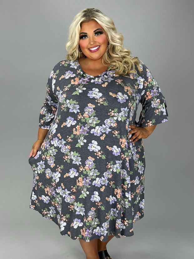 53 PSS {Blooming In Charcoal} Charcoal Floral V-Neck Dress EXTENDED PLUS SIZE 4X 5X 6X