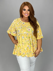 93 PSS-H {Wildflower} Yellow Floral Babydoll Top PLUS SIZE 1X 2X 3X