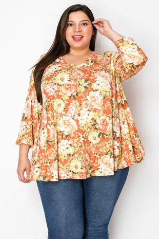 28 PQ {Unending Love} Rust Floral V-Neck Top EXTENDED PLUS SIZE 3X 4X 5X  (True To Size)