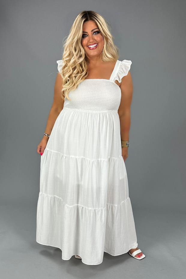 SALE!! LD-D {Calm Retreat} Ivory Smocked Tiered Lined Maxi Dress PLUS SIZE XL 1X 2X