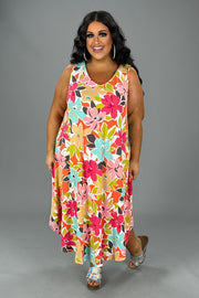 SALE!! LD-L {Bring The Drama} Orange Floral Sleeve- less Midi Dress PLUS SIZE 1X 2X 3X