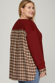 17 CP [Campfire & Smores Season} Wine & Plaid Sweatshirt Top PLUS SIZE XL 1X 2X