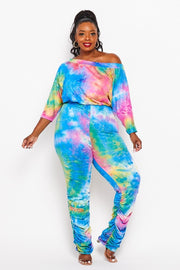 LD-D {Dye To Try} Blue Tie Dye Off Shoulder Jumpsuit PLUS SIZE 1X 2X 3X