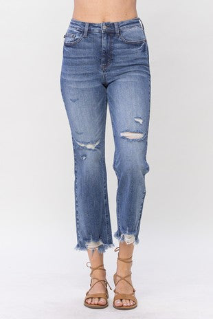 SALE!! BT {Judy Blue} Med Blue Destroy Straight Cropped Jeans EXTENDED PLUS SIZE 14 16 18 20 22 24