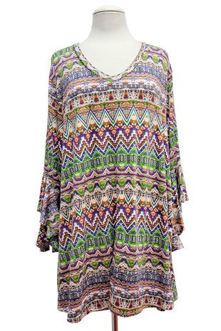 65 PQ {Reliving Memories} Orange/Green Tribal Print V-Neck Top PLUS SIZE 1X 2X 3X