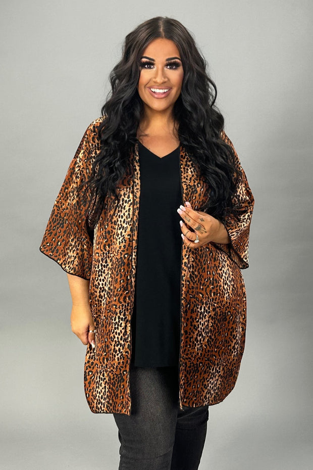 71 OT-D {Full of Confidence} Tan Leopard Print Kimono Plus Size 1X 2X 3X