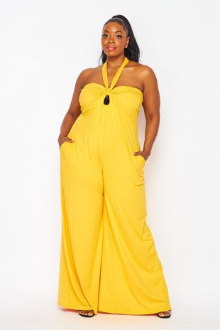 LD-G {Resort Queen} Yellow Off Shoulder Wide Leg Jumpsuit PLUS SIZE 1X 2X 3X