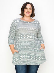 SALE!! 19 PQ {No Nonsense} Dusty Olive Mixed Print 3/4 Sleeve Top EXTENDED PLUS SIZE 3X 4X 5X