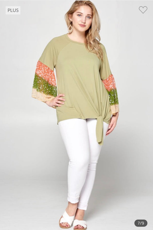 SALE!! 60 CP-Z {Charming Attitude} Sage Top w/Floral Sleeve PLUS SIZE 1X 2X 3X