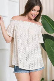 SALE!! 78 OS-A {Such A Sweetie} Taupe Eyelet Off Shoulder Top PLUS SIZE 1X 2X 3X