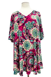 60 PSS {On My Side} Magenta Mandala Print V-Neck Top EXTENDED PLUS SIZE 3X 4X 5X