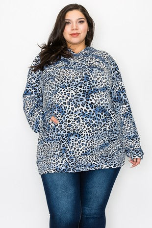 60 HD {Once In A Wild} Blue/Ivory Leopard Print Hoodie EXTENDED PLUS SIZE 3X 4X 5X