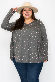 56 PLS {Cozy Kisses} Gray V-Neck  Top with Pink Dots  EXTENDED PLUS SIZE 3X 4X 5X