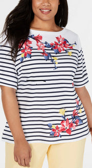 SALE!! PSS-A  M-109 {Karen Scott} White Striped Floral Top Retail $36.5