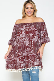 22 OS {Wish You Well} Burgundy  Off Shoulder Paisley Top CURVY BRAND!!!  PLUS SIZE 1X 2X 3X