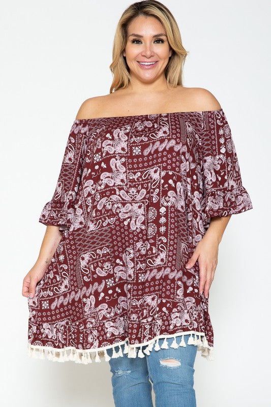 SALE! 22 OS {Wish You Well} Burgundy Off Shoulder Paisley Top CURVY BRAND!!!  PLUS SIZE 1X 2X 3X