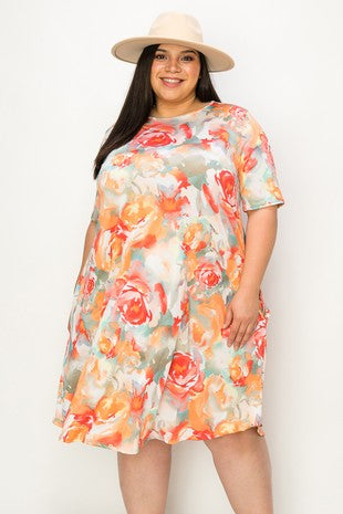 12 PSS {Honey Floral} Orange Floral Dress w/Pockets PLUS SIZE XL 2X 3X