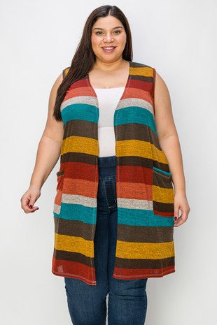 15 OT {Can't Be Bested} Multi-Color Striped Vest W/ Pockets EXTENDED PLUS SIZE 1X 2X 3X 4X 5X 6X