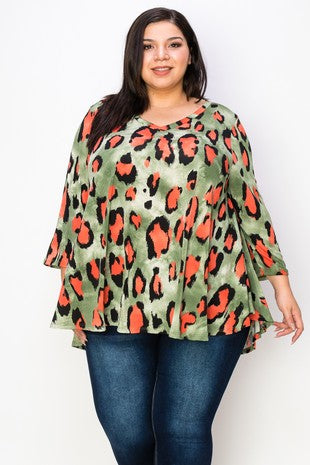 32 PQ {Can You See Me Now} Olive/Coral Leopard Top EXTENDED PLUS SIZE 3X 4X 5X