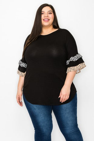 96 CP {Best Days} Black Top w/Printed Ruffle Sleeves  EXTENDED PLUS SIZE 3X 4X 5X