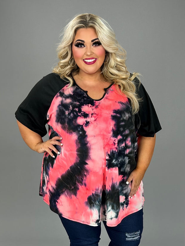 29 CP {For Your Pleasure} Black/Neon Coral Ribbed Tie Dye Top CURVY BRAND!!!  EXTENDED PLUS SIZE 1X 3X 4X 5X 6X