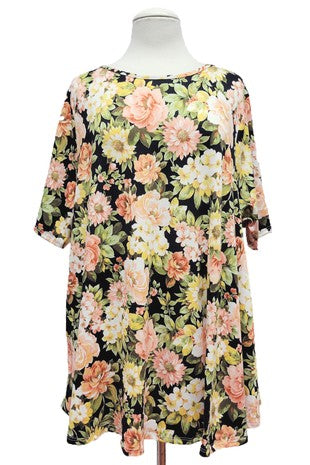 55 PSS {Tell It All} Black Floral Print Rounded Hem Top EXTENDED PLUS SIZE 3X 4X 5X