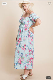 LD-Z {Wishful Thinking} Mint Floral Babydoll Midi Dress PLUS SIZE 1X 2X 3X