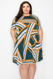 24 PSS {Heart Of Gold} Hunter Green Geo Print Dress PLUS SIZE 1X 2X 3X