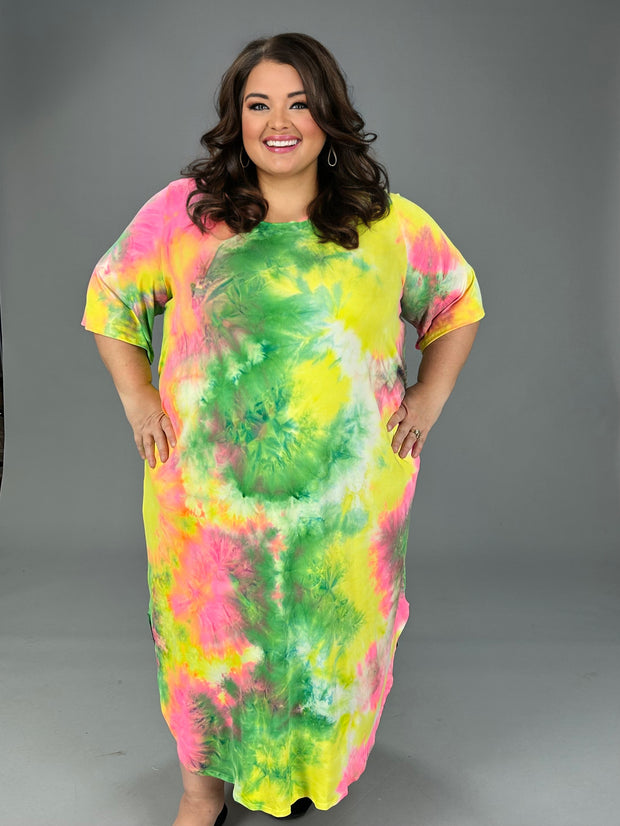 LD-S {In My Element} Yellow/Green Tie Dye Maxi Dress CURVY BRAND!!! EXTENDED PLUS SIZE XL 2X 3X 4X 5X 6X