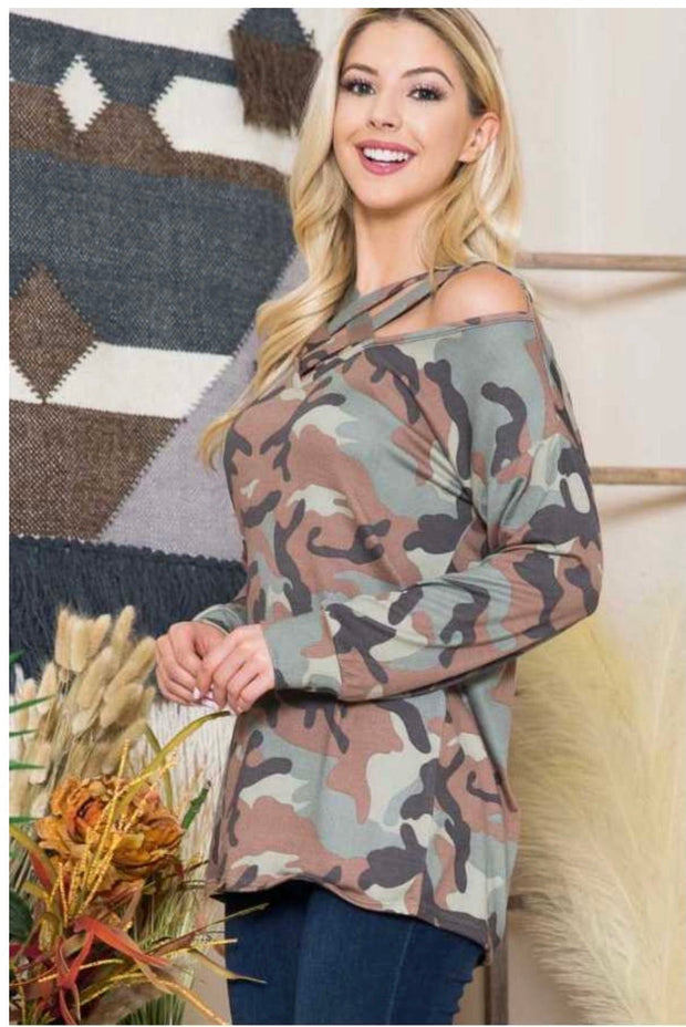 84  PLS-A {Across the Camo} Camo Top W/Criss-Cross Detail PLUS SIZE 1X 2X 3X