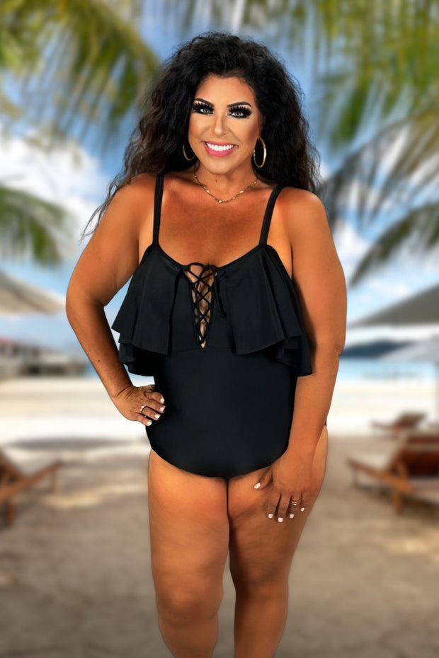 SWIM-A {Caribbean Crush} Black Ruffle One Piece Swimsuit PLUS SIZE 2X