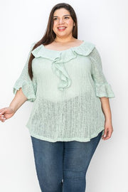 25 SSS [Can't Talk Now} Ruffle Neck Open Weaved Mint Sweater EXTENDED PLUS SIZE 4X 5X 6X