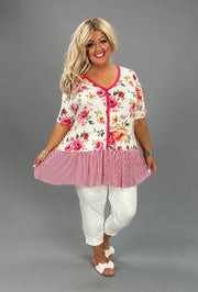 SALE!! 37 CP {Media Fav} Ivory/Raspberry Floral Stripe Print Top PLUS SIZE 1X 2X 3X