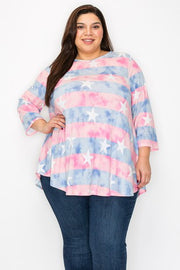 14 PQ {Star & Stripes} Blue/Pink Star & Stripe Print Top EXTENDED PLUS SIZE 4X 5X 6X