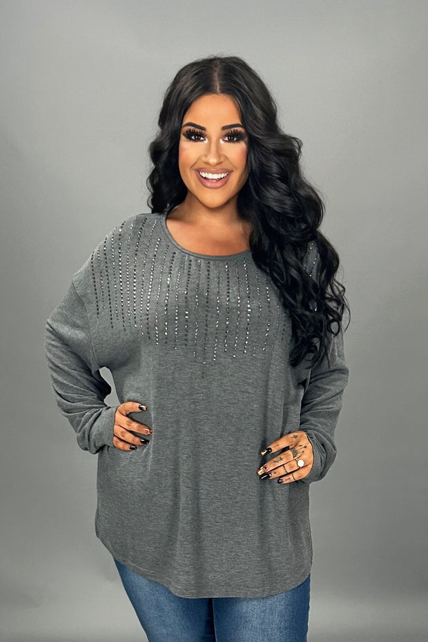 26 SD {Better Than Basic} VOCAL Charcoal Long Sleeve Top w/Studs PLUS SIZE XL 2X 3X