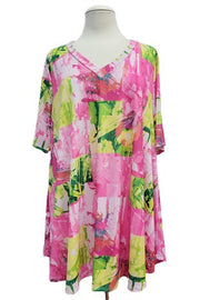 61 PSS {Sweet Symphony} Pink Mixed Print V-Neck Tunic EXTENDED PLUS SIZE 4X 5X 6X